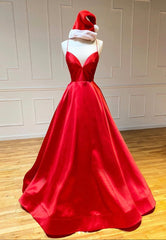 Party Dresses Sales, Red Satin Long Prom Dresses, Simple A-Line Evening Dresses