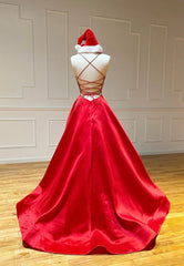 Party Dress Sales, Red Satin Long Prom Dresses, Simple A-Line Evening Dresses