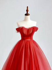 Prom Dress Floral, Red A-Line Long Prom Dress, Red Tulle Formal Graduation Dresses