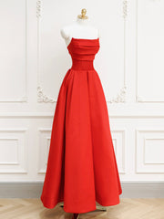 Evening Dress Sleeves, Red A-Line Satin Long Prom Dress, Red Long Formal Dress