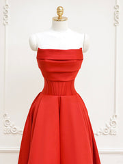 Evening Dress Open Back, Red A-Line Satin Long Prom Dress, Red Long Formal Dress