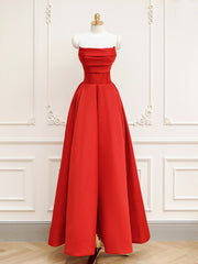 Evening Dress Sleeve, Red A-Line Satin Long Prom Dress, Red Long Formal Dress