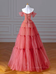 Prom Dresses Off Shoulder, Red Aline Tulle Long Prom Dresses, Red Tulle Formal Graduation Dresses With Beading Sequin