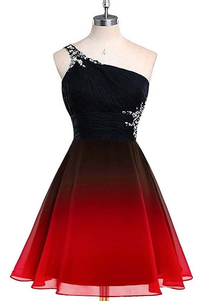 Bridesmaid Dressing Gown, Red and Black One Shoulder Chiffon Beaded Homecoming Dress, Gradient Short Prom Dress