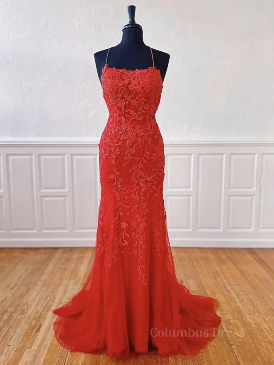 Bridesmaids Dresses Modest, Red Backless Lace Prom Dresses, Red Open Back Lace Formal Evening Dresses