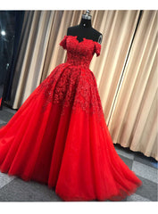 Bridesmaids Dress Affordable, Red Gorgeous Sweetheart Off Shoulder Lace Applique Ball Gown Prom Dress, Red Evening Dress Party Dress