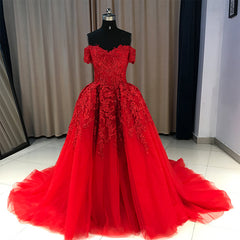 Bridesmaids Dresses Cheap, Red Gorgeous Sweetheart Off Shoulder Lace Applique Ball Gown Prom Dress, Red Evening Dress Party Dress