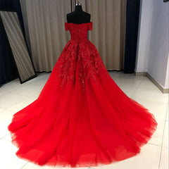 Bridesmaid Dress Cheap, Red Gorgeous Sweetheart Off Shoulder Lace Applique Ball Gown Prom Dress, Red Evening Dress Party Dress