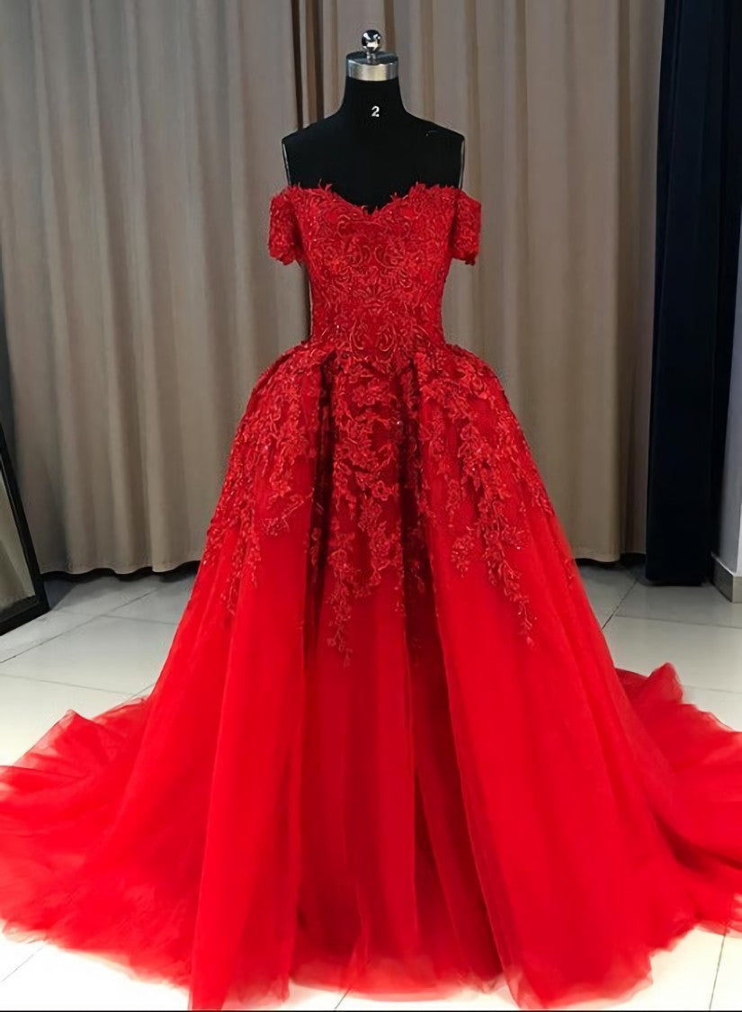 Bridesmaid Dress Affordable, Red Gorgeous Sweetheart Off Shoulder Lace Applique Ball Gown Prom Dress, Red Evening Dress Party Dress