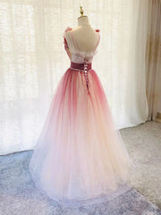 Black Tie Wedding Guest Dress, Red Gradient Tulle Beaded Long Party Dress Formal Dress, V-neckline Party Dresses