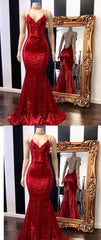 Prom Dress Elegent, Red Halter Sequins Sparkle Evening Gowns Sexy Mermaid Dresses Long Maxi Dress