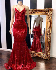 Prom Dresses Long Sleeves, Red Halter Sequins Sparkle Evening Gowns Sexy Mermaid Dresses Long Maxi Dress
