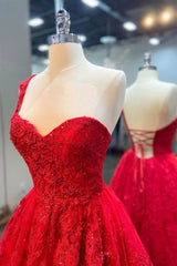 Bridesmaid Dresse Styles, Red Lace Long A-Line Prom Dress, One Shoulder Evening Dress