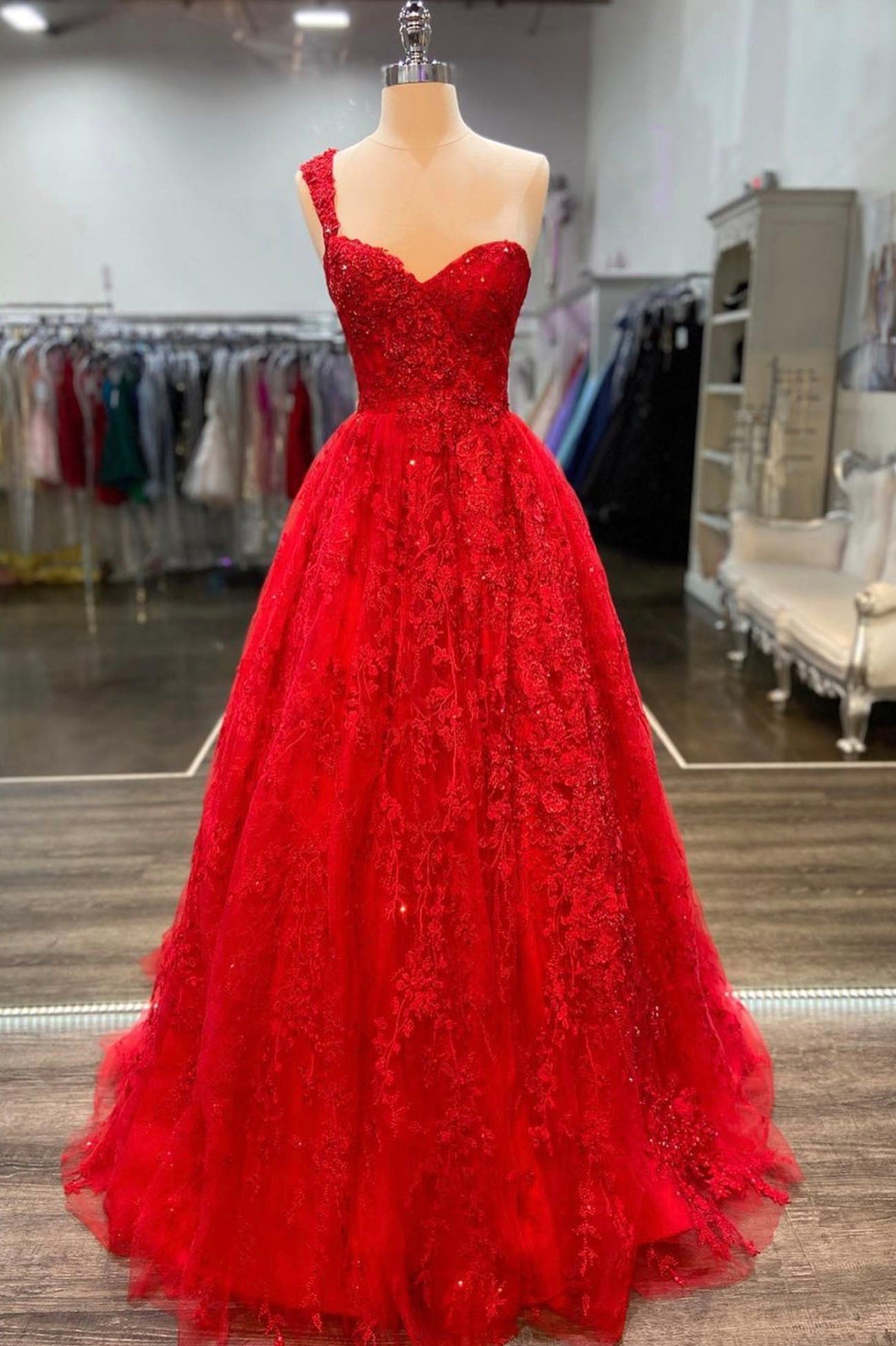 Bridesmaids Dress Styles, Red Lace Long A-Line Prom Dress, One Shoulder Evening Dress