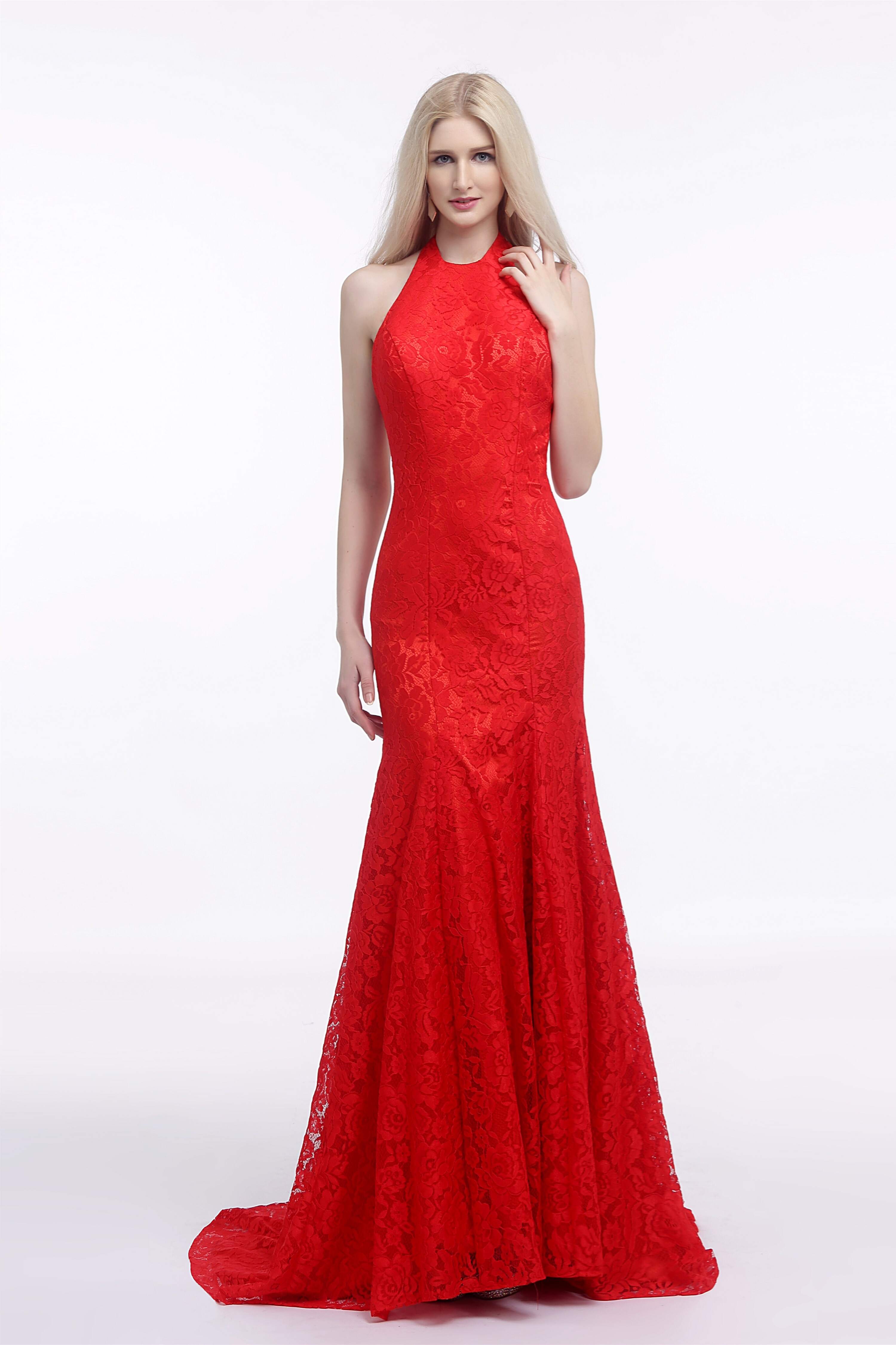 Corset Prom Dress, Red Lace Mermaid Halter Backless Long Prom Dresses