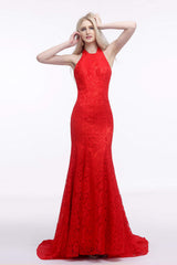 Party Outfit Night, Red Lace Mermaid Halter Backless Long Prom Dresses