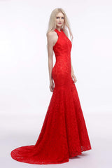 Formal Attire, Red Lace Mermaid Halter Backless Long Prom Dresses