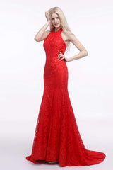 Party Dress Code Man, Red Lace Mermaid Halter Backless Long Prom Dresses