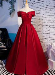 Bridesmaids Dress Beach, Red Off Shoulder Satin A-line Sweetheart Long Prom Dress, Red Long Evening Dress Formal Dress