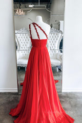 Prom Dresses Floral, Red one shoulder long prom dress red evening dress