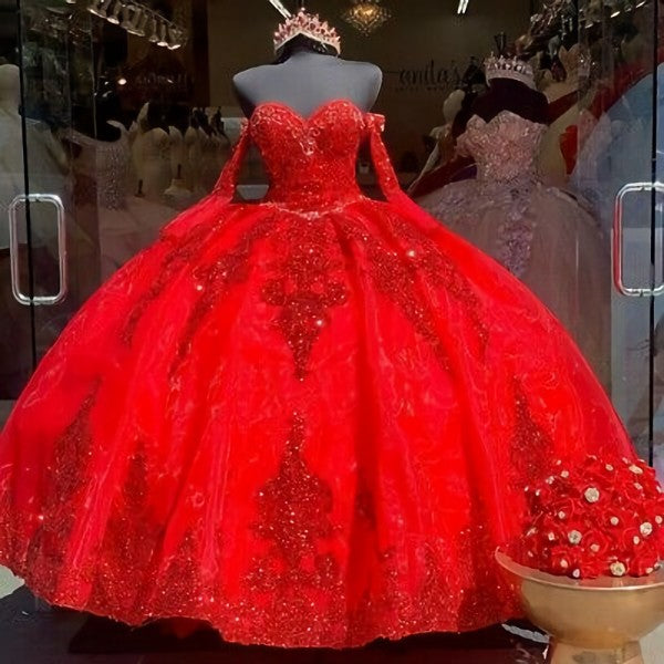 Party Outfit, Red Organza Sweet 16 Quinceanera Dresses Sequins Applique Beaded Sweetheart Ball Gown
