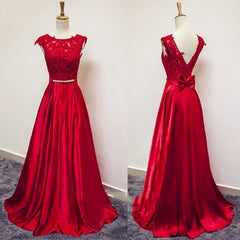 Prom Dress Long, Red Satin and Lace Round Neckline Evening Gown, A-line Formal Gown