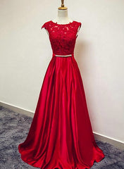 Prom Dresses 2031, Red Satin and Lace Round Neckline Evening Gown, A-line Formal Gown