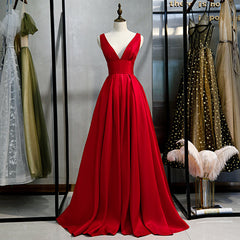 Homecoming Dress Vintage, Red Satin Deep V-neckline Prom Gown, Red Floor Length Evening Gown