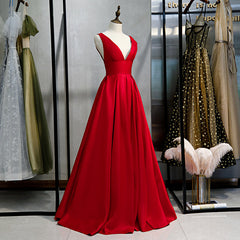 Homecomeing Dresses Vintage, Red Satin Deep V-neckline Prom Gown, Red Floor Length Evening Gown