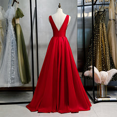 Homecomming Dresses Vintage, Red Satin Deep V-neckline Prom Gown, Red Floor Length Evening Gown