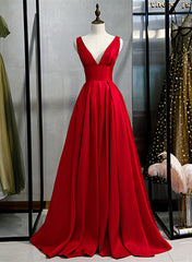 Homecoming Dresses Vintage, Red Satin Deep V-neckline Prom Gown, Red Floor Length Evening Gown