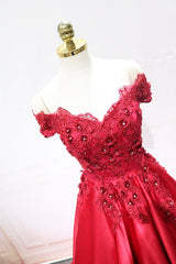 Wedding Color Palette, Red Satin Lace Long Prom Dress, Off Shoulder Evening Party Dress