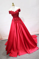 Bridesmaid Dresses Velvet, Red Satin Lace Long Prom Dress, Off Shoulder Evening Party Dress