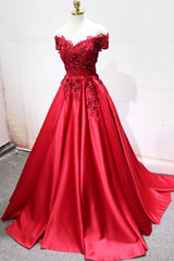 Mermaid Dress, Red Satin Lace Long Prom Dress, Off Shoulder Evening Party Dress