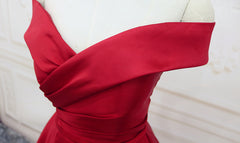 Prom Dress Type, Red Satin Off Shoulder Handmade Long Formal Dress, Handmade Red Formal Gown
