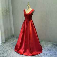 Party Dresses Summer, Red Satin V-neckline Floor Length Prom Dress, Backless Red Party Dress
