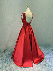Party Dress For Summer, Red Satin V-neckline Floor Length Prom Dress, Backless Red Party Dress