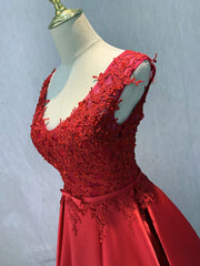 Party Dresses For Summer, Red Satin V-neckline Floor Length Prom Dress, Backless Red Party Dress