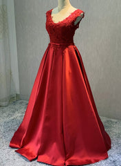Party Dresses Cocktail, Red Satin V-neckline Floor Length Prom Dress, Backless Red Party Dress