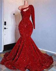 Prom Dresses Red, Red Sequined Black Girls Mermaid Prom Dresses One Shoulder Long Sleeve Evening Gowns