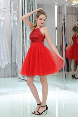Formal Dresses Classy, Red Sequined Tulle Strapless Homecoming Dresses
