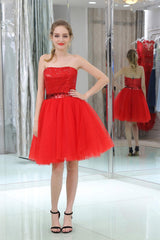 Formal Dress Simple, Red Sequined Tulle Strapless Homecoming Dresses