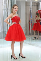 Formal Dresses Ball Gown, Red Sequined Tulle Strapless Homecoming Dresses