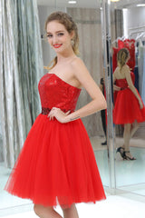 Formal Dresses Outfits, Red Sequined Tulle Strapless Homecoming Dresses