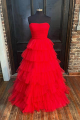Bridesmaid Dress 2042, Red Strapless Tulle Layers Long Prom Dress, A-line Sweetheart Red Evening Dress