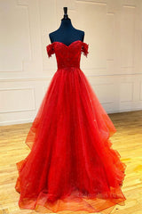 Prom Dresses Short, Red sweetheart off shoulder tulle long prom dress tulle formal dress