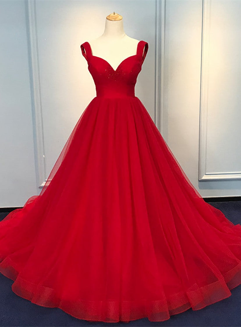 Party Dress Night Out, Red Sweetheart Straps Long Ball Gown Evening Dress, Red Tulle Prom Dress