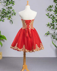 Homecomming Dress Long, Red Sweetheart Tulle Short Homecoming Dress with Gold Applique, Short Formal Dresses