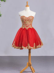 Homecomming Dresses Long, Red Sweetheart Tulle Short Homecoming Dress with Gold Applique, Short Formal Dresses