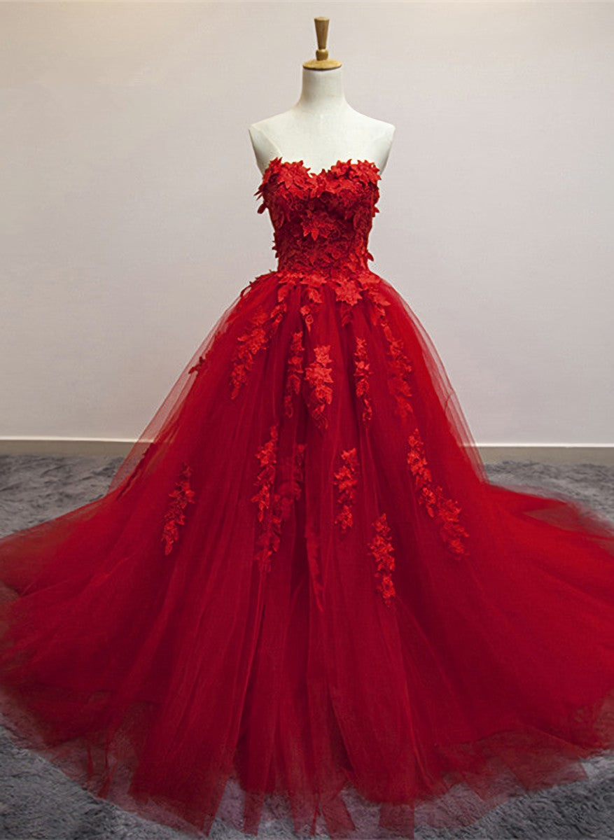 Prom Dress Brands, Red Sweetheart Tulle with Applique Party Dress , Tulle Formal Gowns